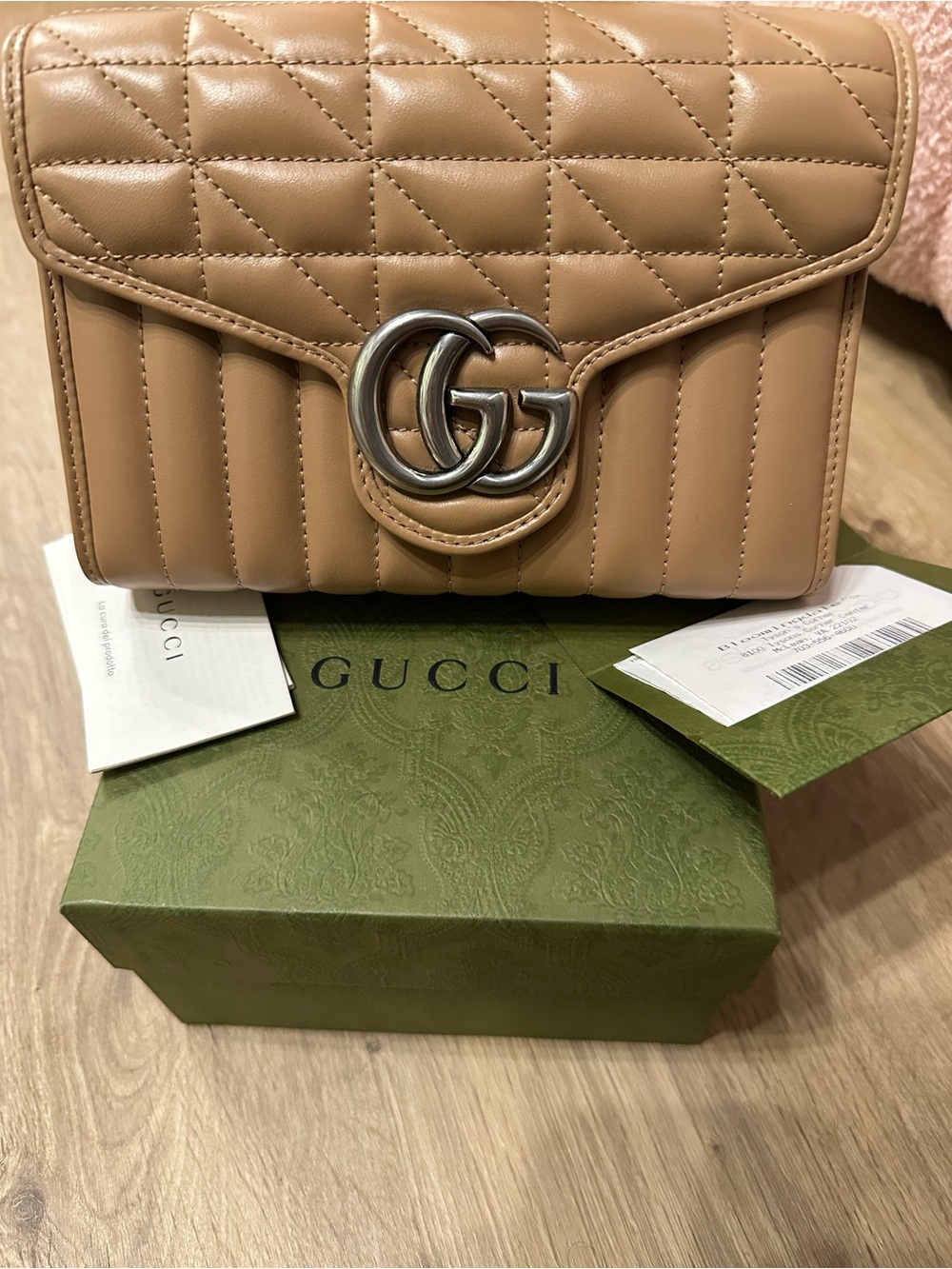 Gucci Quilted GG Marmont Crossbody Bag in Tan